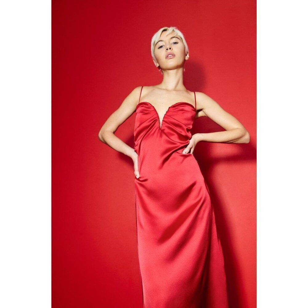 Zara Womens Midi Dress Red L Satin Spaghetti Sweetheart Neckline 2541/331 NWT